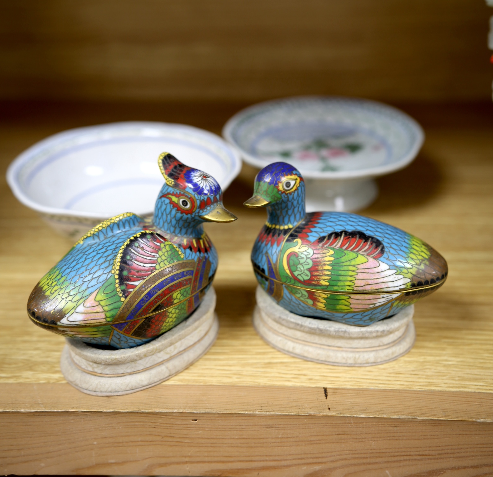 Five Chinese items including a pair of cloisonné enamel duck boxes and covers, a hardstone floral display and two dishes, largest 30cm. Condition - fair